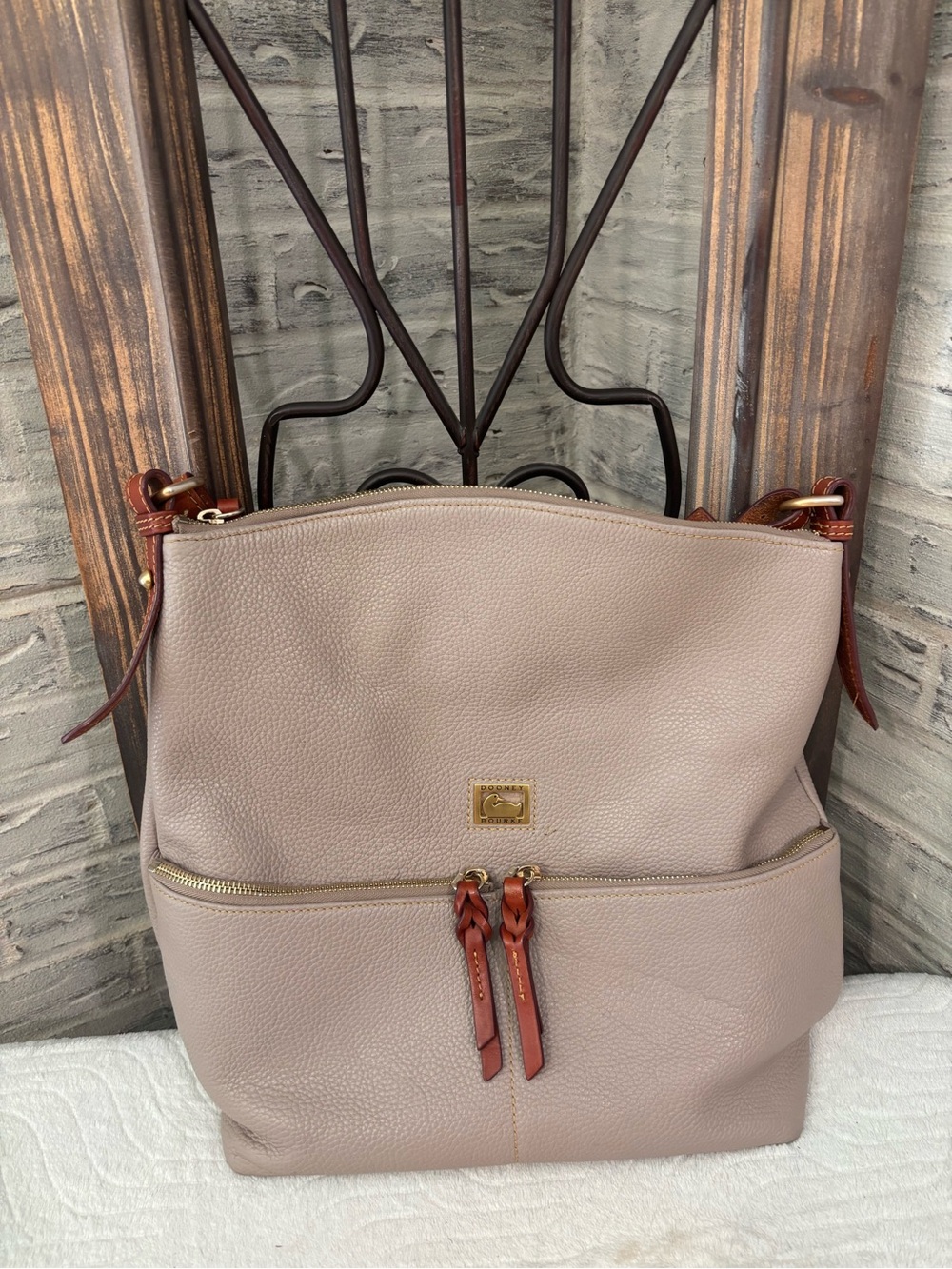 Dooney & Bourke Taupe Pebble Leather Shoulder Bag with Brown Trim